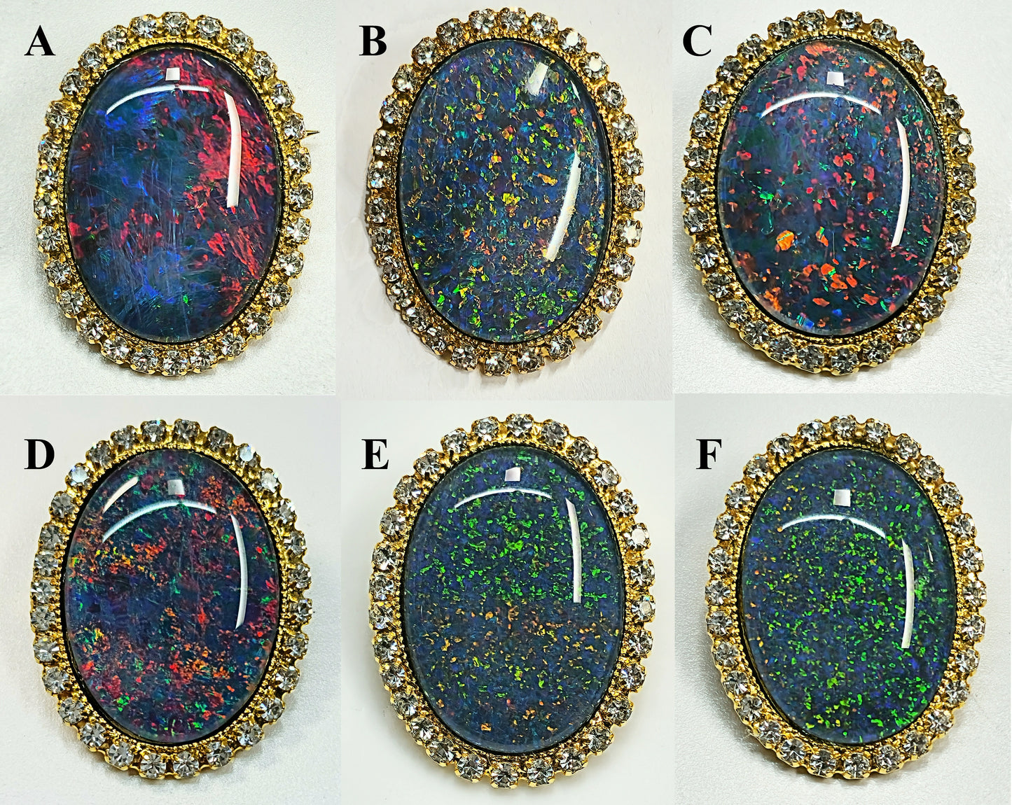 53662. Gold plated Brooch, with Swarovski Rhinestones, Large Size 25 x 18 mm Oval Cut Australian Opal Triplet