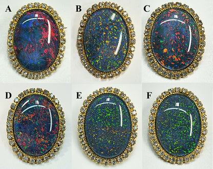 53662. Gold plated Brooch, with Swarovski Rhinestones, Large Size 25 x 18 mm Oval Cut Australian Opal Triplet