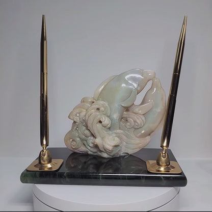 11680.0 - Natural Australian White Opal Carving Two Dolphins on Green Stone Slab with two Gold Plated Pens Executive Office Desk Pen set