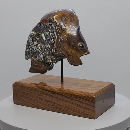 03754.1 - Australian Boulder Opal Carving Thai Fighting Fish mounted on a Block of Wood 189 grams 100 mm Wide x 100 mm High x 50 mm Deep