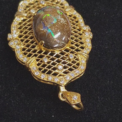 10052.0 - Sterling Silver Gold Plated Combination Penant or Brooch 60 x 35 mm set with 21 x 15 mm One Australian Boulder Opal and CZ