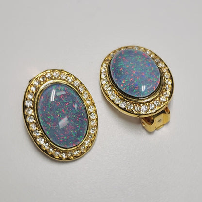 03306.0 - Pair of large 25x20 mm Gold Plated Clip on Earrings set with 18x13 mm Australian Opal Triplet surrounded with Rhinestones for sale