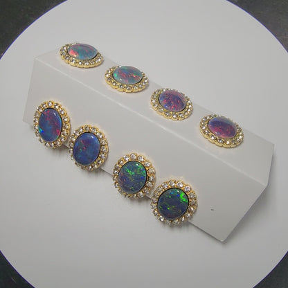 04041.0 - Gold Plated Clip-on and Post types Earrings for sale Set with 14x10 mm Natural Australian Opal Triplet Surrounded with Rhinestones