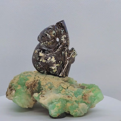 03896.0 - Australian Boulder Opal Carving of Koala mounted on Rough Chrysoprase