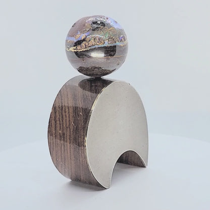 53980.0 - Australian Boulder Opal Ball Mounted on a Sculptured Piece of Wood with a Sterling Silver Plate attached Suitable for Engraving