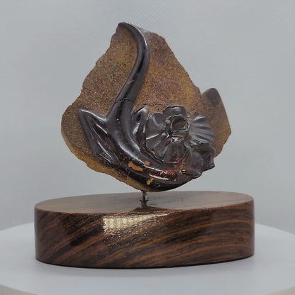 03905.2 - Boulder Opal Carving Frilled Neck Lizard On Block Of Wood 194 Grams 90 mm Wide x 95 mm High x 60 mm Deep Carved in the 1970's