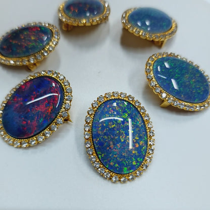 53662. Gold plated Brooch, with Swarovski Rhinestones, Large Size 25 x 18 mm Oval Cut Australian Opal Triplet