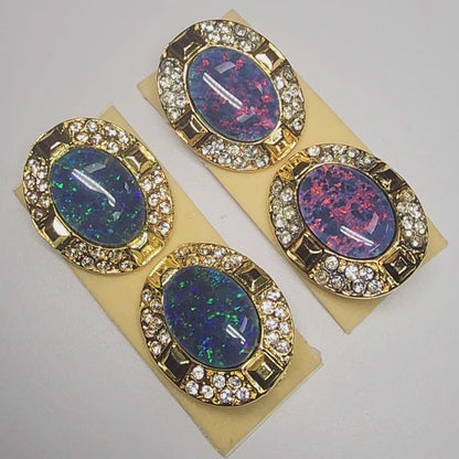 09428.0 - Large Gold plated Clip-on earrings for sale Set with 18 x 13 mm Natural Australian made Opal Triplet surrounded with Rhinestones