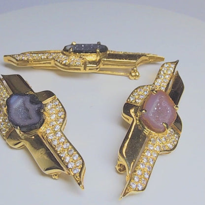 03600. Druzy Agate and CZ in Gold Plated Sterling Silver Brooch