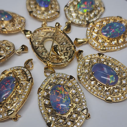 02915.0 - 45 mm Sterling Silver Gold Plated Filigree style Combination Pendant and Brooch Set with Natural Australian Opal Triplet and CZ
