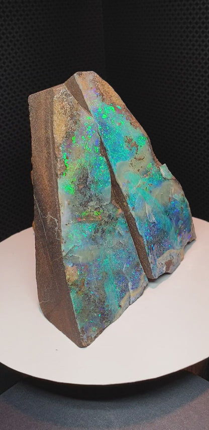 53474.0 - Matching Pair Australian Split Boulder Opal Specimens Queensland 90 cm High and 45 cm Wide 425 Grams Blue and Green Colours